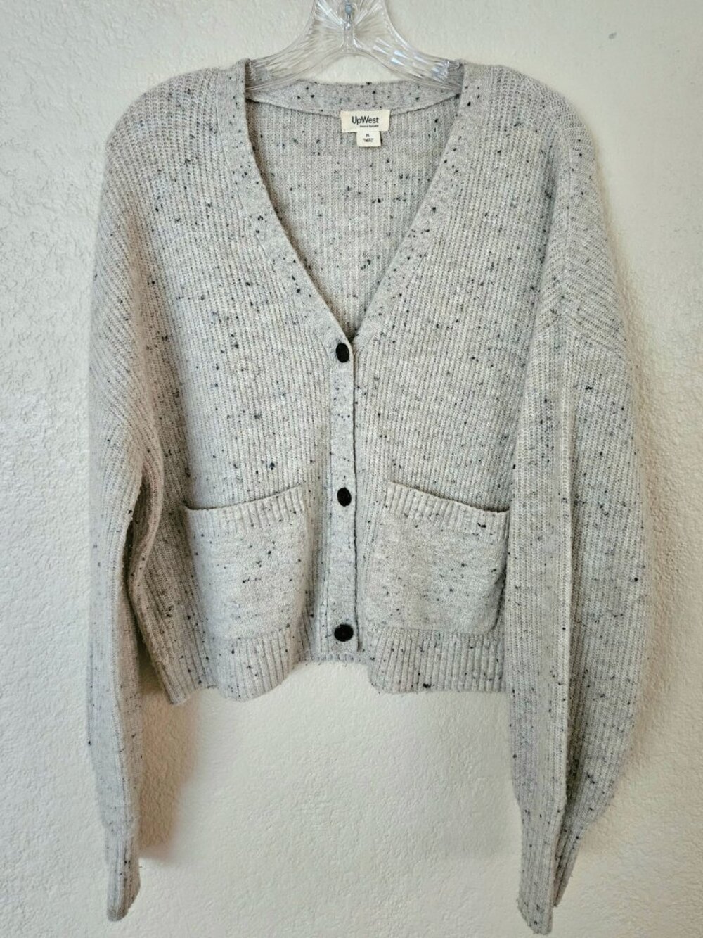 UpWest Oversized Cropped Knit Cardigan Sweater Oatmeal Speckled Size Small